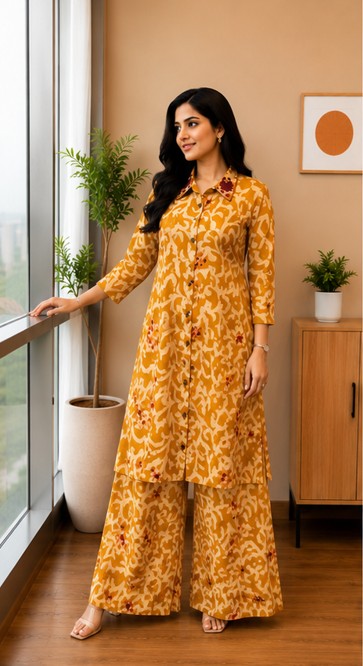 Mustard Yellow Printed Easy to Maintain A-line Coord set