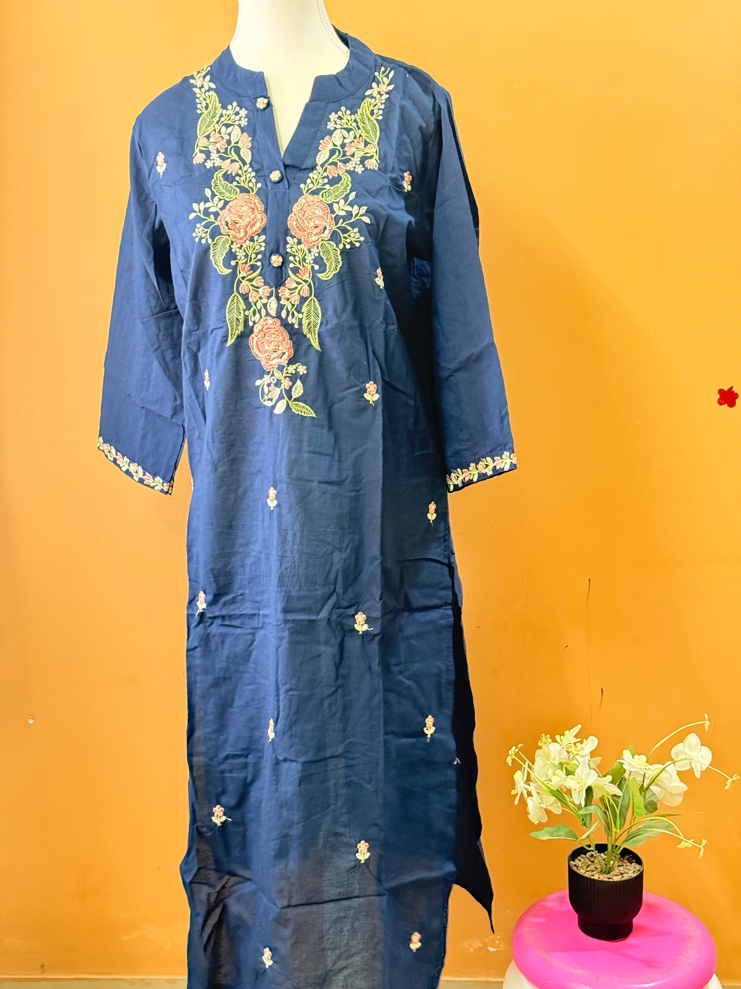 Navy Blue Elegant Embroidery Kurti, Pant, Dupatta Set
