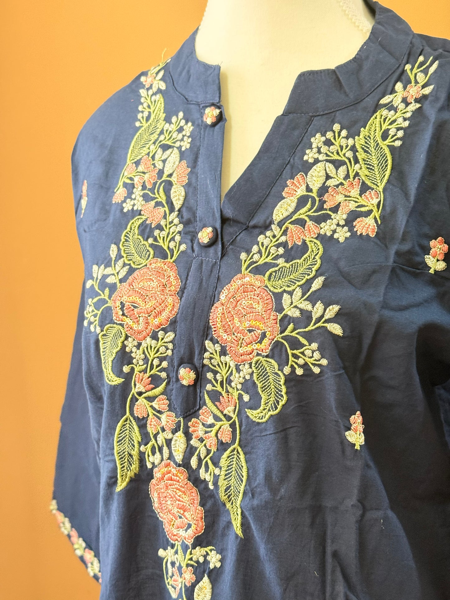 Navy Blue Elegant Embroidery Kurti, Pant, Dupatta Set
