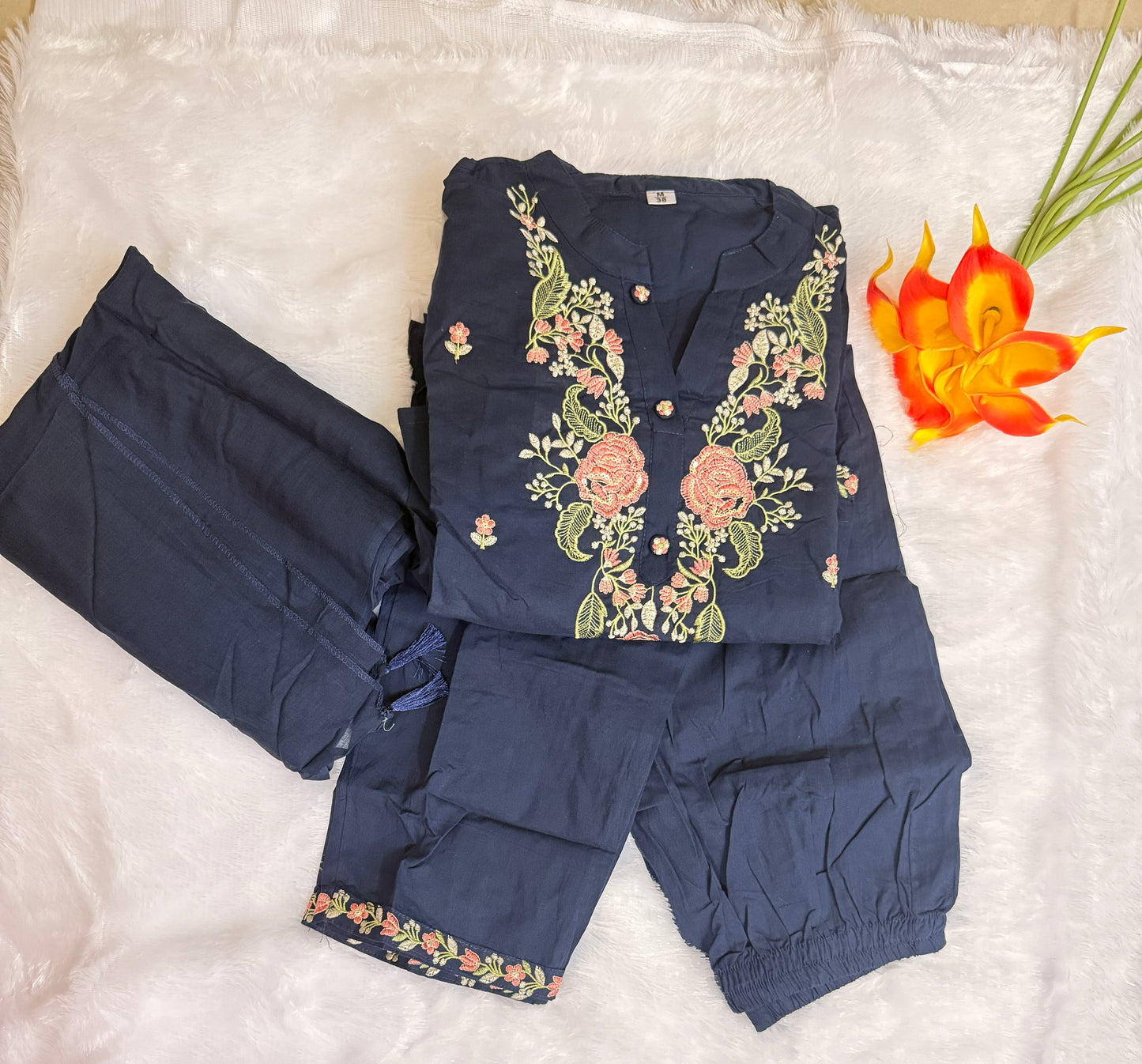 Navy Blue Elegant Embroidery Kurti, Pant, Dupatta Set
