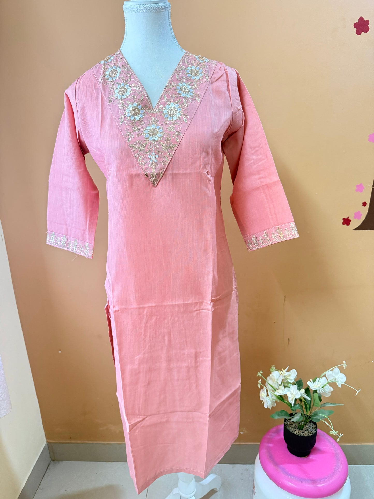Peach Pink soft bamboo cotton Kurti, Pant, Dupatta set