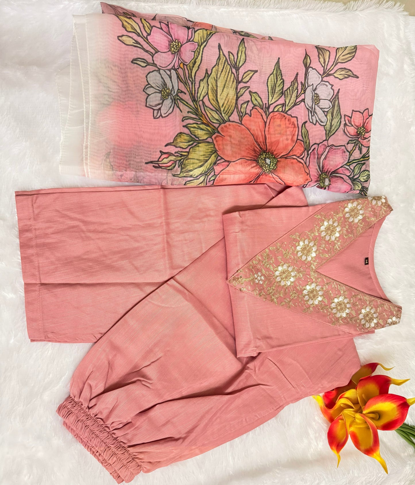 Peach Pink soft bamboo cotton Kurti, Pant, Dupatta set