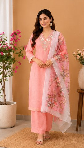 Peach Pink soft bamboo cotton Kurti, Pant, Dupatta set