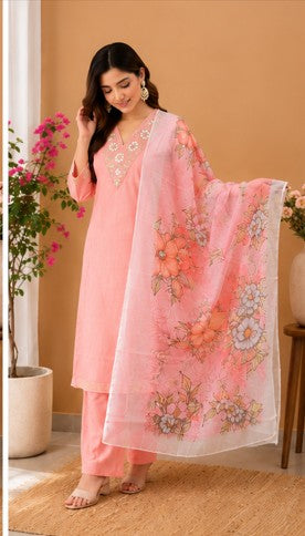Peach Pink soft bamboo cotton Kurti, Pant, Dupatta set