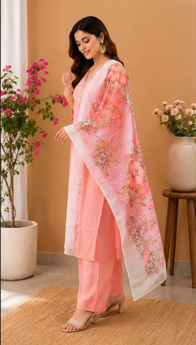 Peach Pink soft bamboo cotton Kurti, Pant, Dupatta set