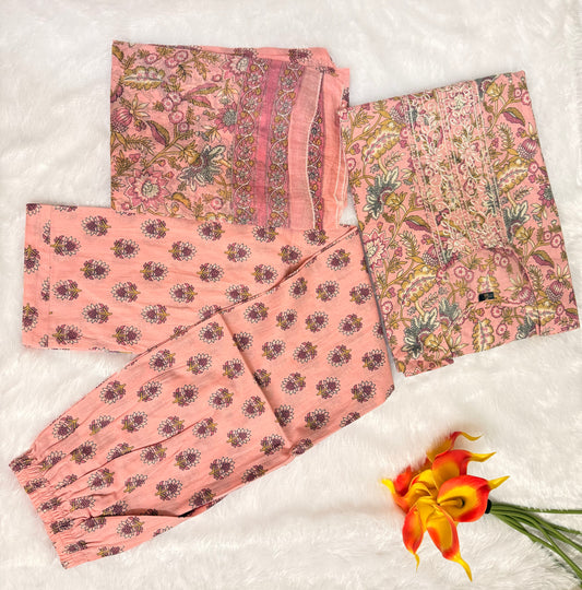 Peach Pink Premium Mul Cotton Printed Kurti, Pant, Dupatta set
