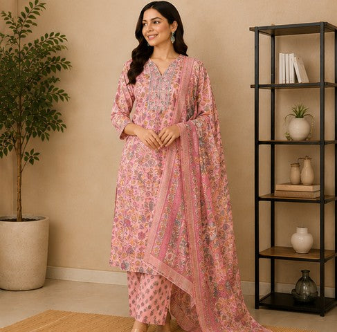 Peach Pink Premium Mul Cotton Printed Kurti, Pant, Dupatta set