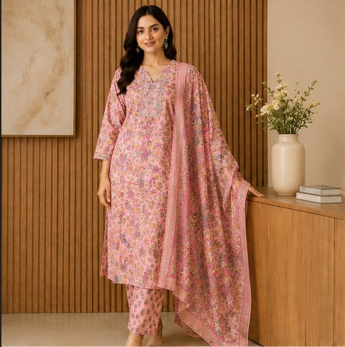 Peach Pink Premium Mul Cotton Printed Kurti, Pant, Dupatta set