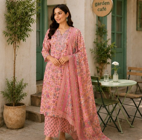 Peach Pink Premium Mul Cotton Printed Kurti, Pant, Dupatta set
