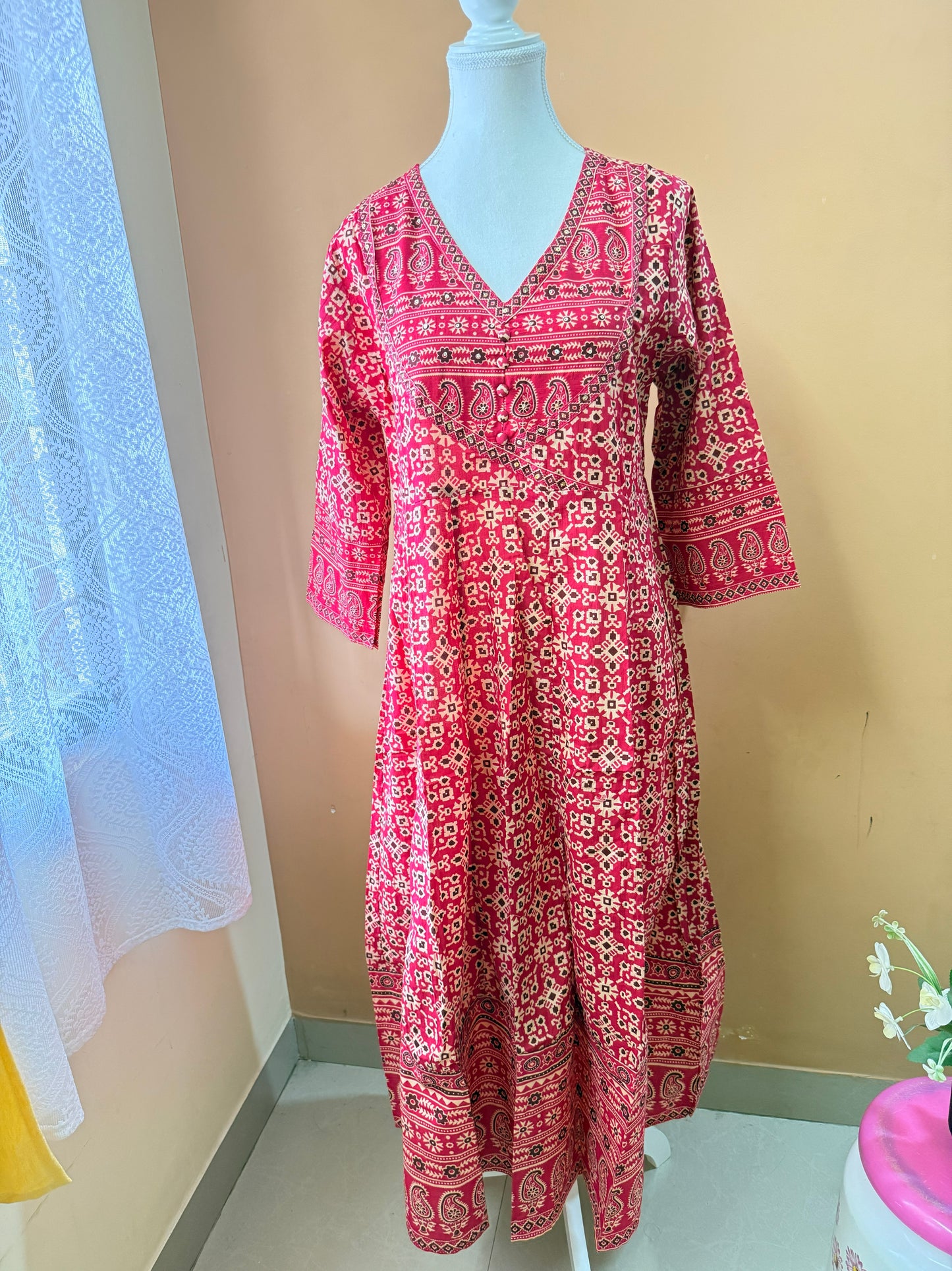 Pink Premium Cotton Anarkali Kurti Pant Dupatta set