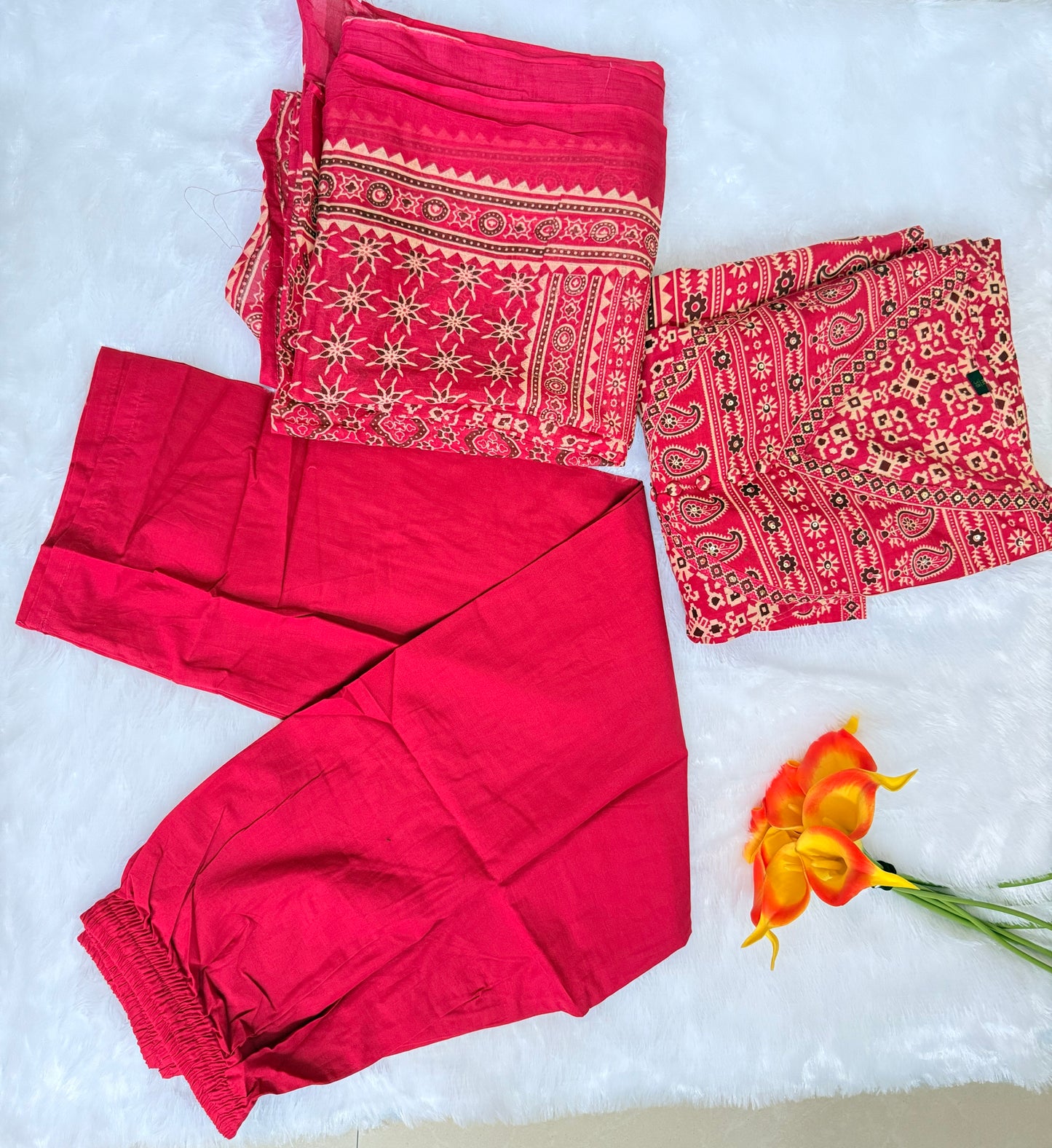 Pink Premium Cotton Anarkali Kurti Pant Dupatta set