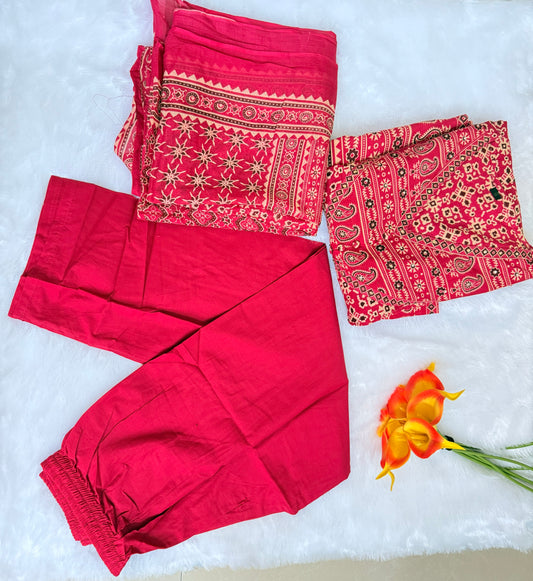 Pink Premium Cotton Anarkali Kurti Pant Dupatta set