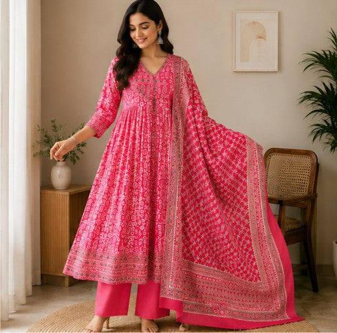 Pink Premium Cotton Anarkali Kurti Pant Dupatta set