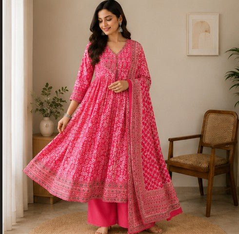 Pink Premium Cotton Anarkali Kurti Pant Dupatta set