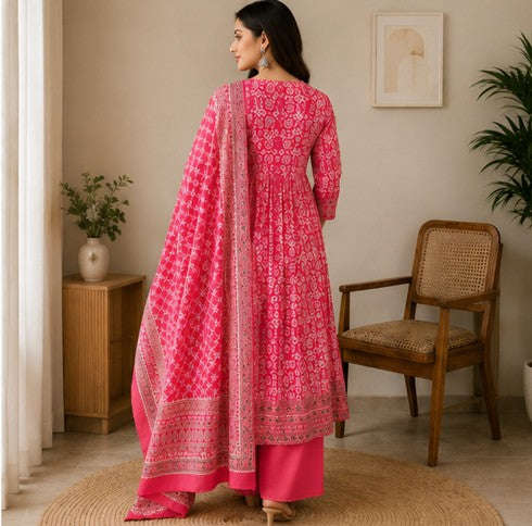 Pink Premium Cotton Anarkali Kurti Pant Dupatta set