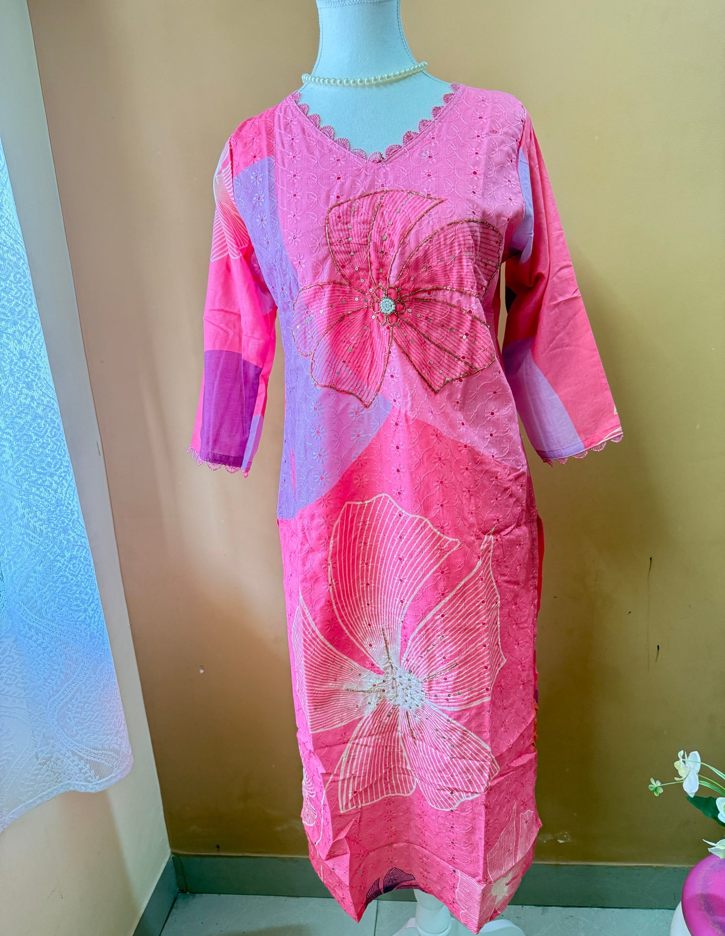 Pink Premium Muslin Kurti, Pant and Dupatta set with Schifili
