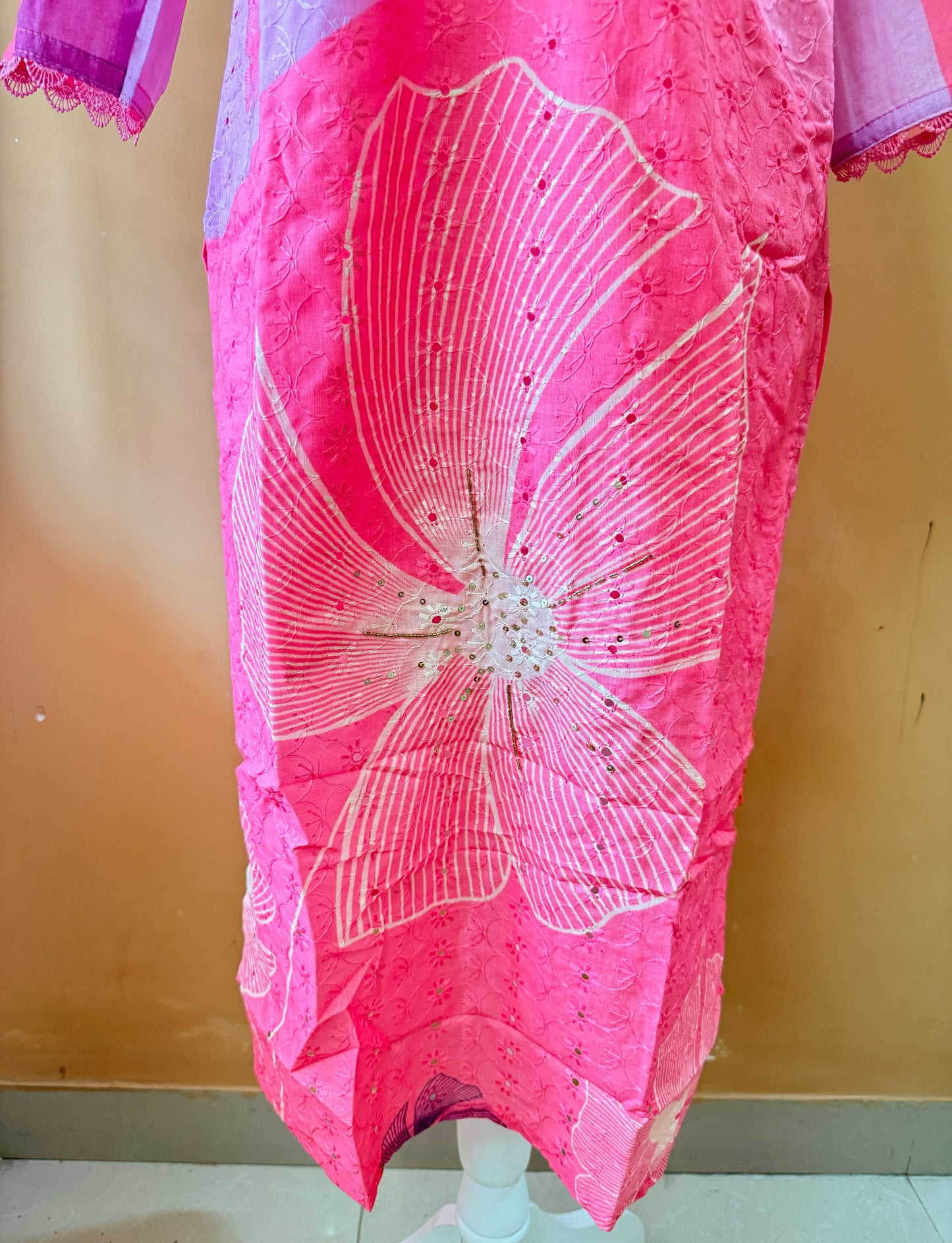 Pink Premium Muslin Kurti, Pant and Dupatta set with Schifili
