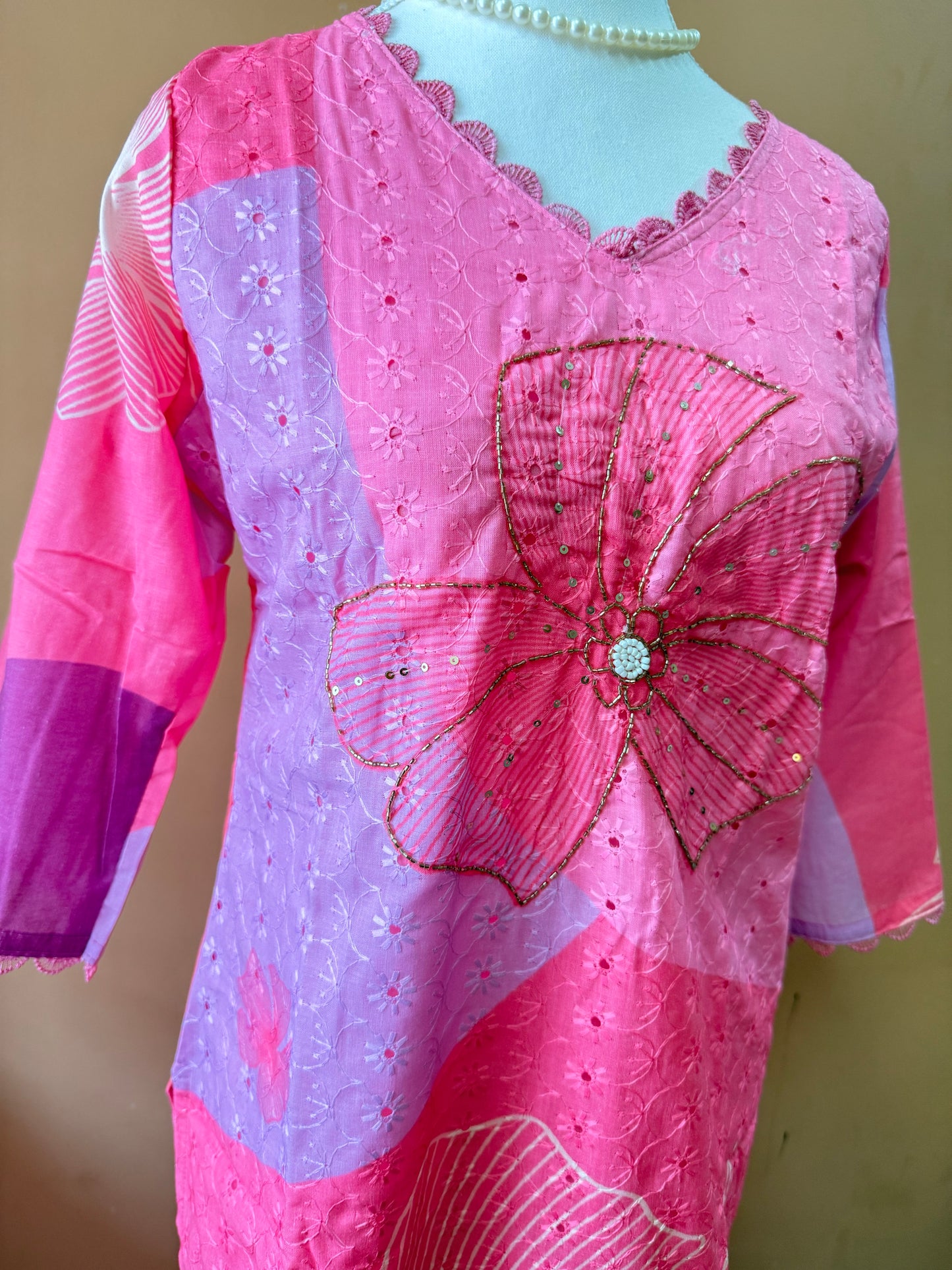 Pink Premium Muslin Kurti, Pant and Dupatta set with Schifili