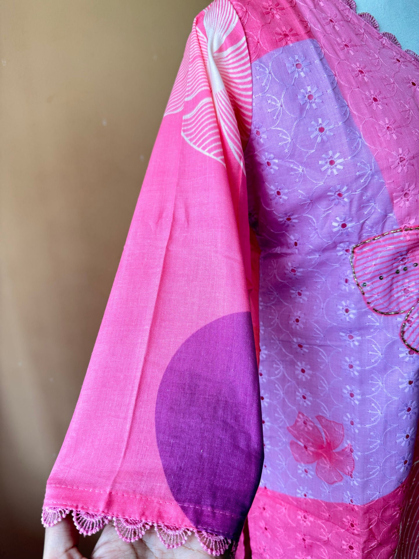Pink Premium Muslin Kurti, Pant and Dupatta set with Schifili
