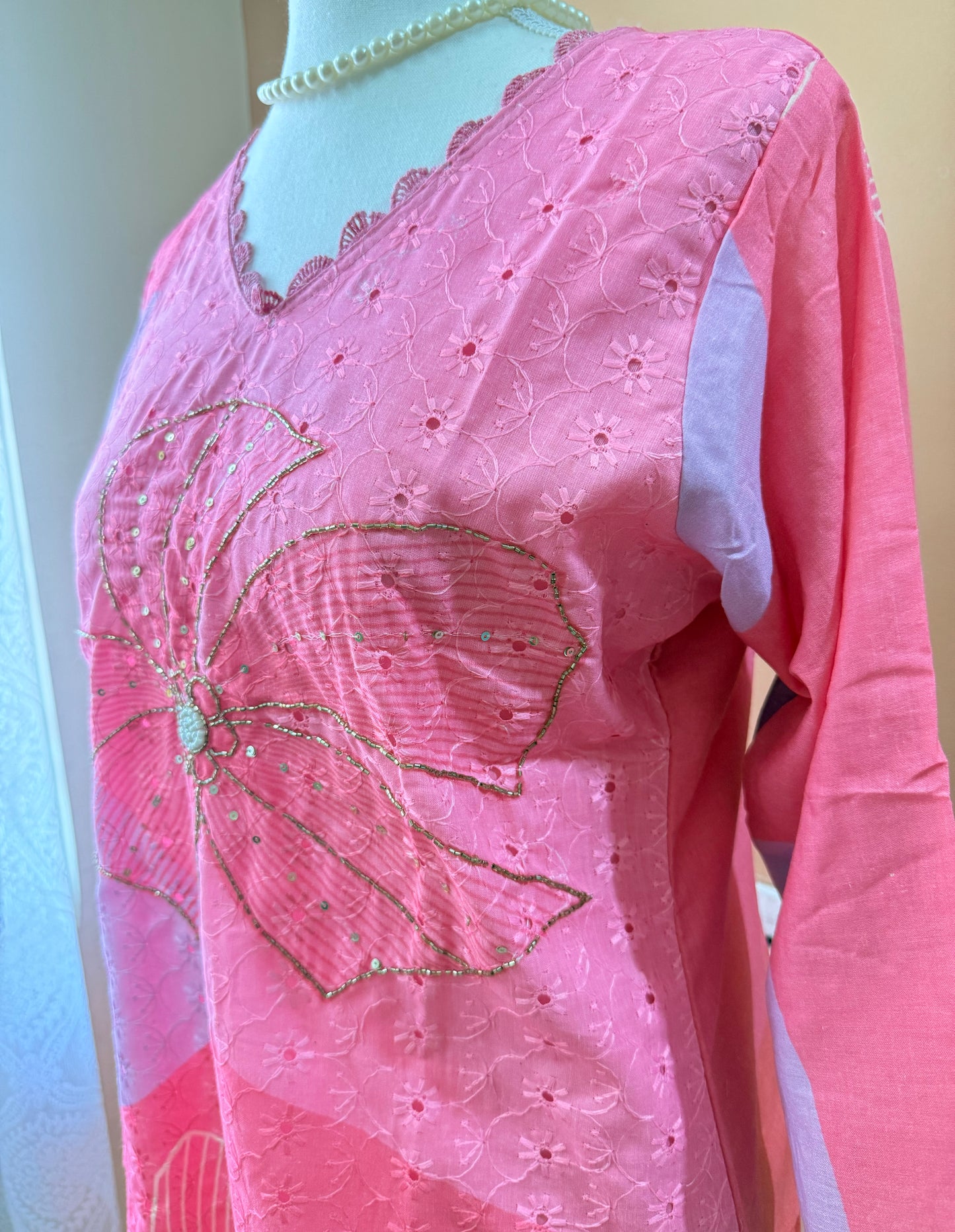 Pink Premium Muslin Kurti, Pant and Dupatta set with Schifili
