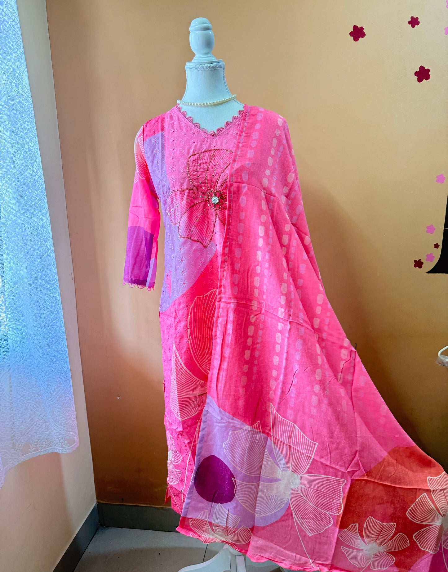 Pink Premium Muslin Kurti, Pant and Dupatta set with Schifili