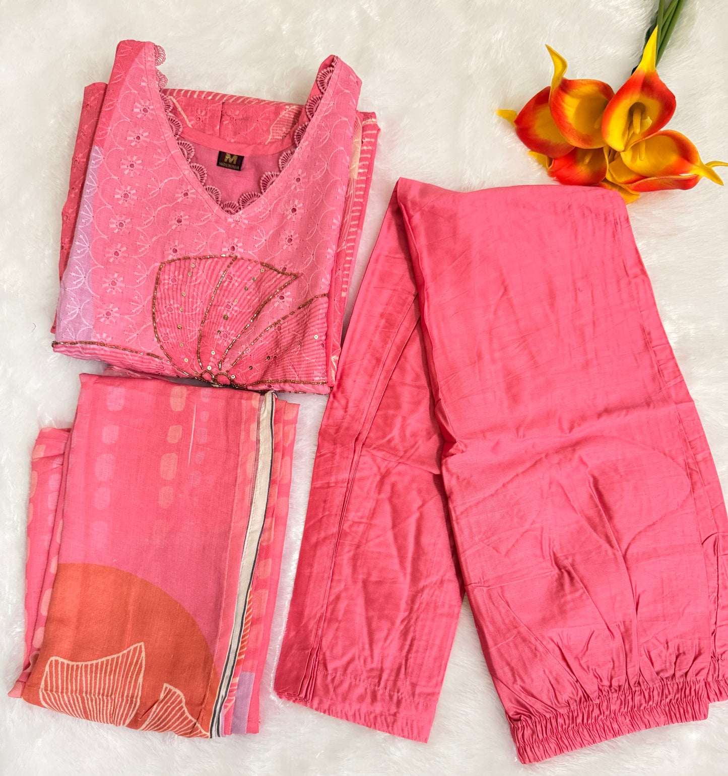 Pink Premium Muslin Kurti, Pant and Dupatta set with Schifili