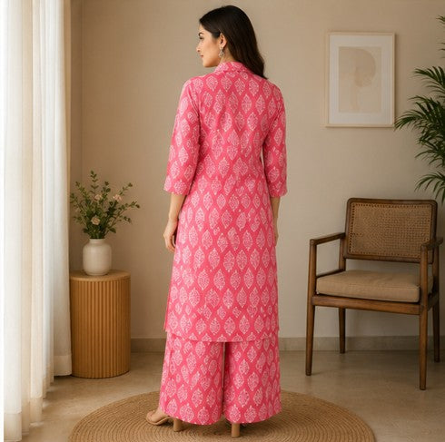 Pink Printed Easy to Maintain A-line Coord set