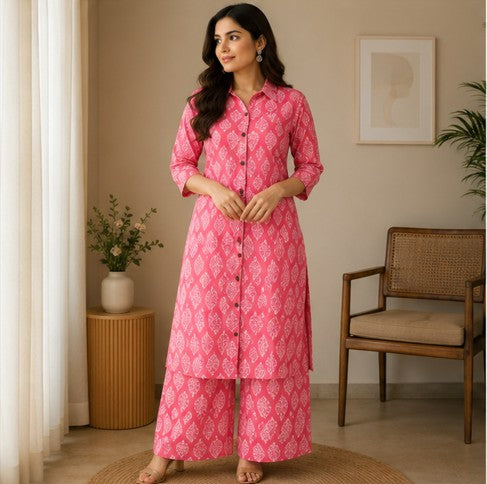 Pink Printed Easy to Maintain A-line Coord set
