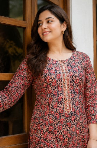 Red Black Printed Easy to Maintain A-line Coord set