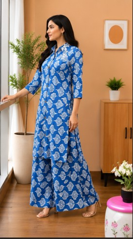 Royal Blue Printed Easy to Maintain A-line Coord set