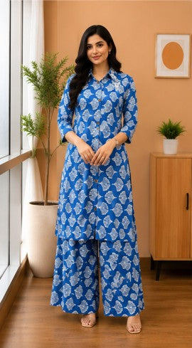 Royal Blue Printed Easy to Maintain A-line Coord set