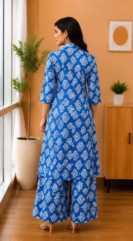 Royal Blue Printed Easy to Maintain A-line Coord set