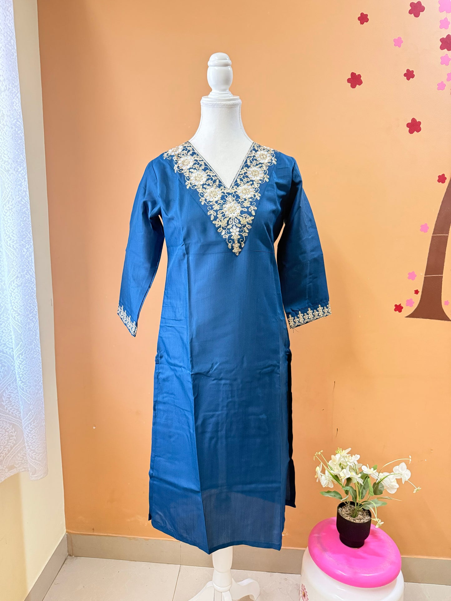 Teal Blue soft bamboo cotton Kurti, Pant, Dupatta set