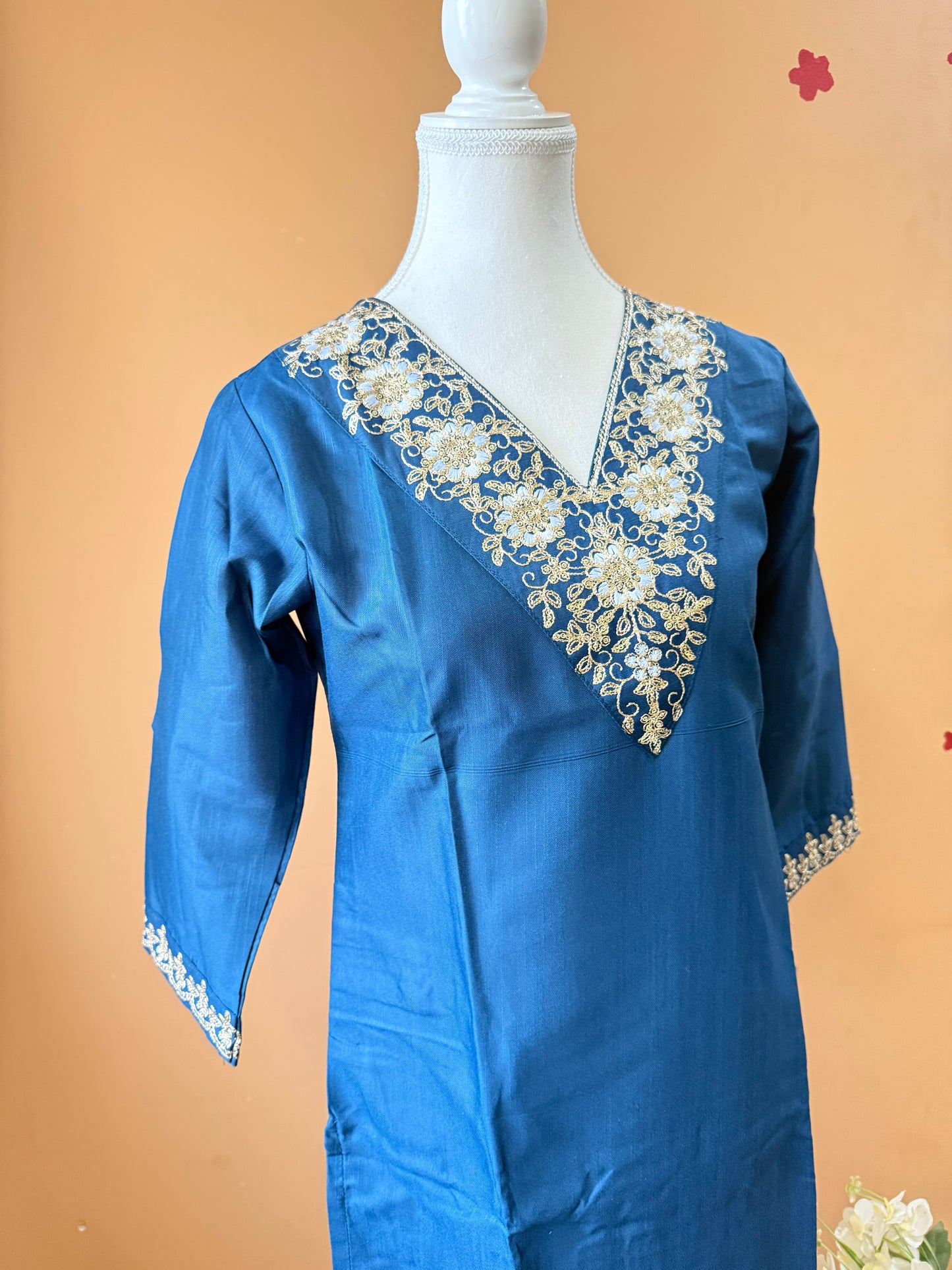 Teal Blue soft bamboo cotton Kurti, Pant, Dupatta set