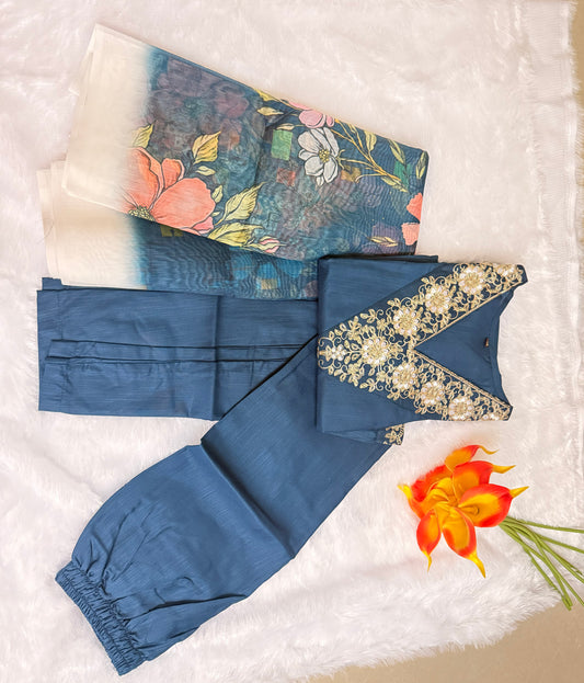 Teal Blue soft bamboo cotton Kurti, Pant, Dupatta set