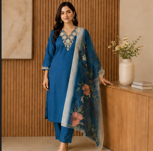 Teal Blue soft bamboo cotton Kurti, Pant, Dupatta set