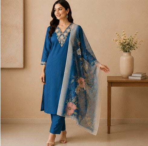 Teal Blue soft bamboo cotton Kurti, Pant, Dupatta set