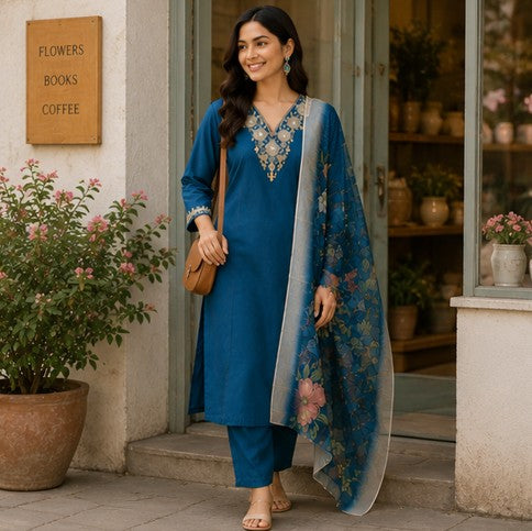 Teal Blue soft bamboo cotton Kurti, Pant, Dupatta set