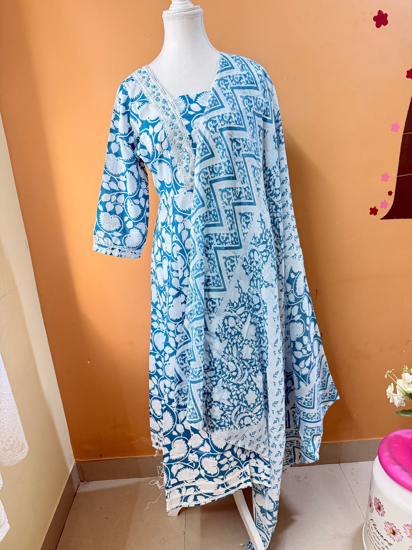 TealBlue Premium Cotton Printed Kurti, Pant, Dupatta set