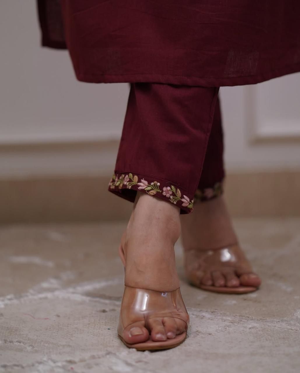 Marron Elegant Embroidery Kurti, Pant, Dupatta Set