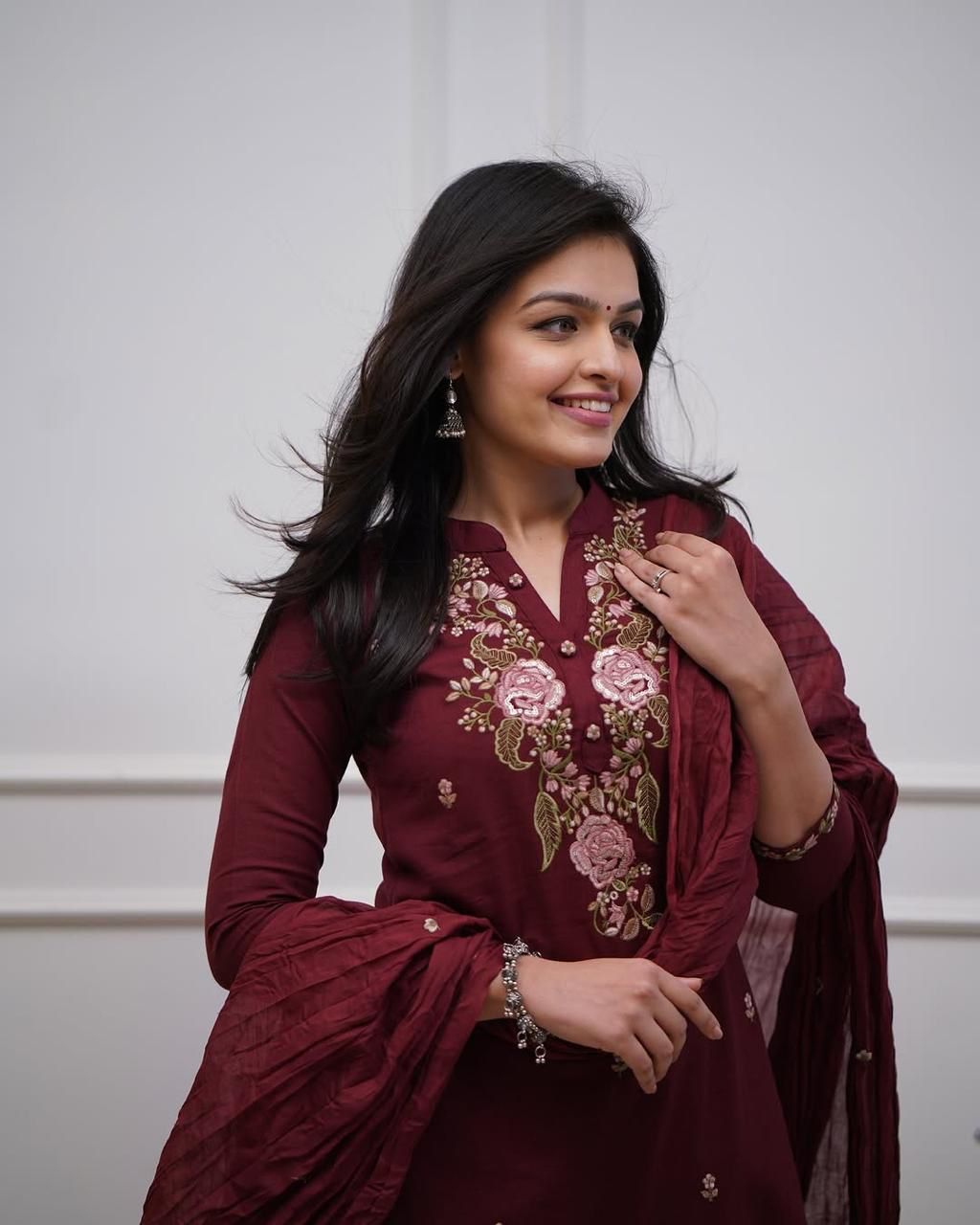 Marron Elegant Embroidery Kurti, Pant, Dupatta Set