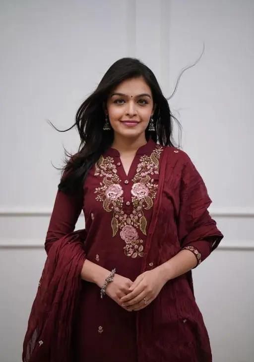 Marron Elegant Embroidery Kurti, Pant, Dupatta Set