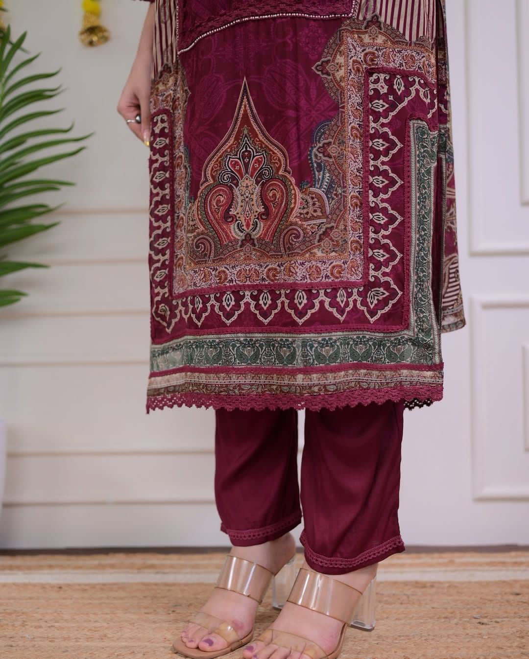 Wine Premium Muslin Kurti, Pant and Dupatta set