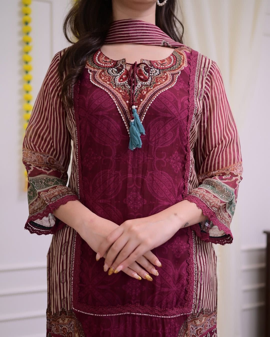 Wine Premium Muslin Kurti, Pant and Dupatta set