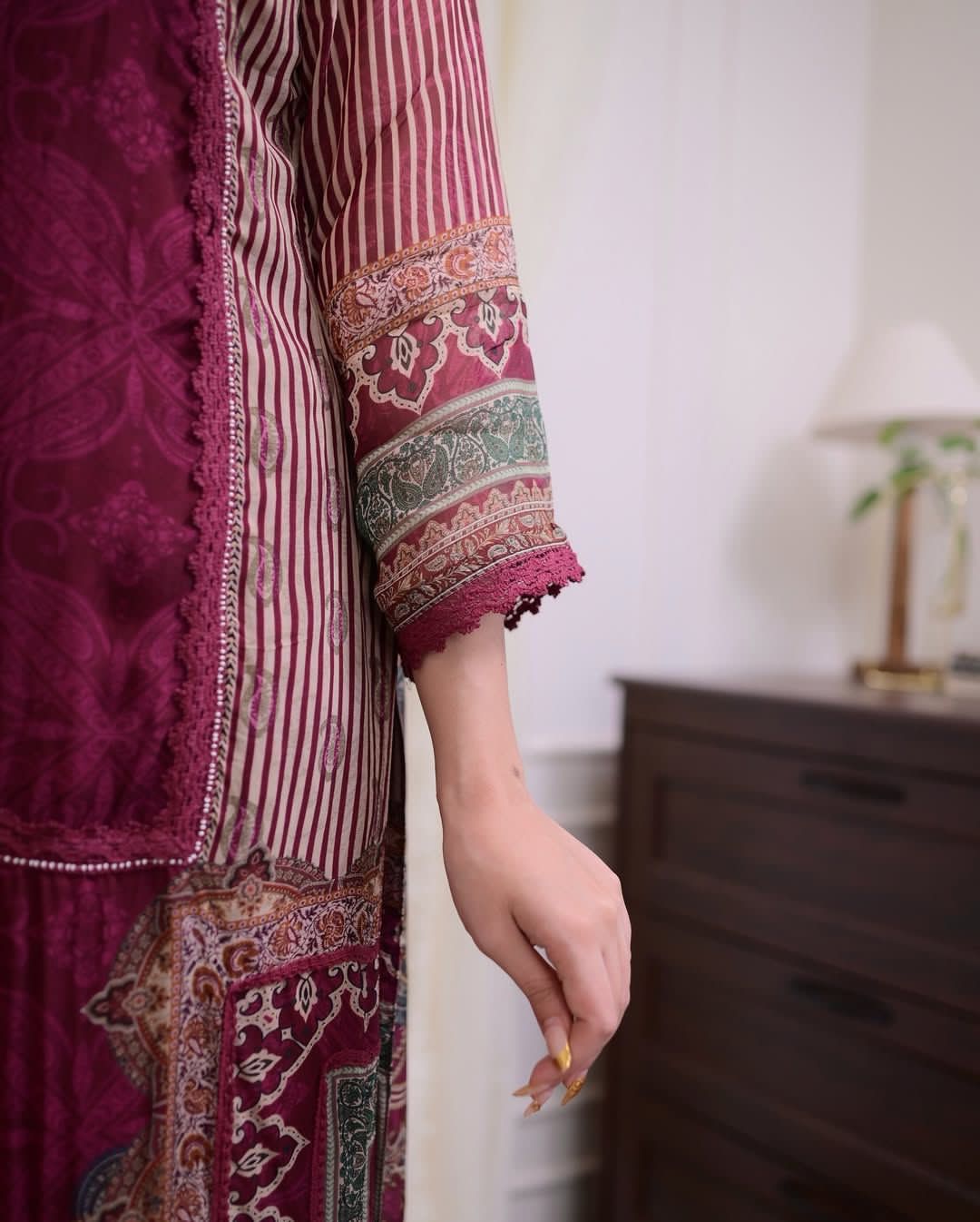 Wine Premium Muslin Kurti, Pant and Dupatta set