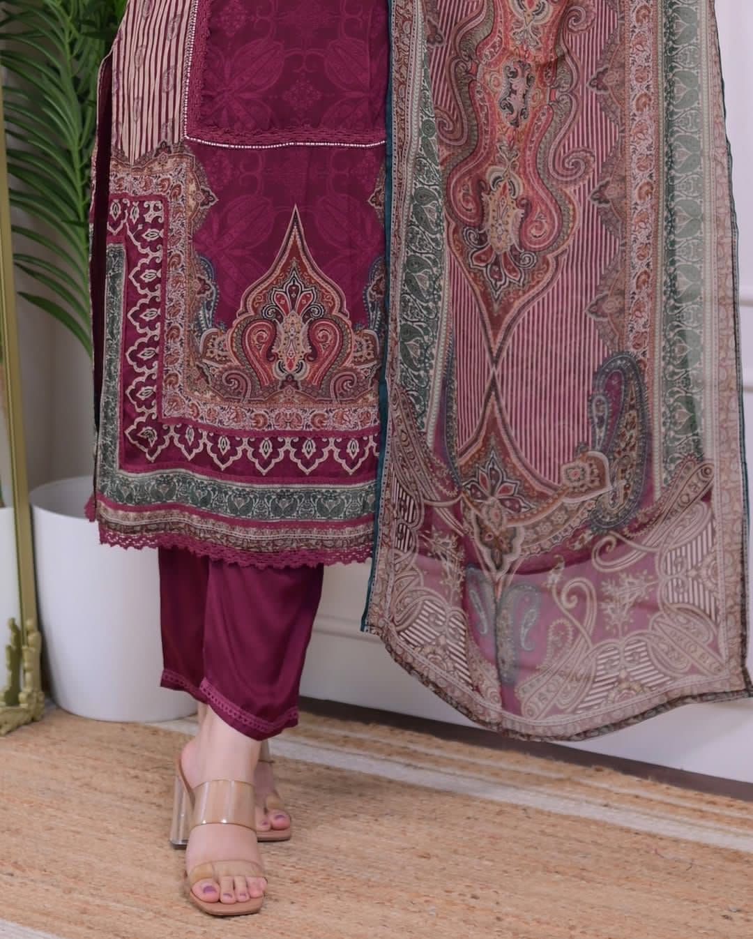 Wine Premium Muslin Kurti, Pant and Dupatta set