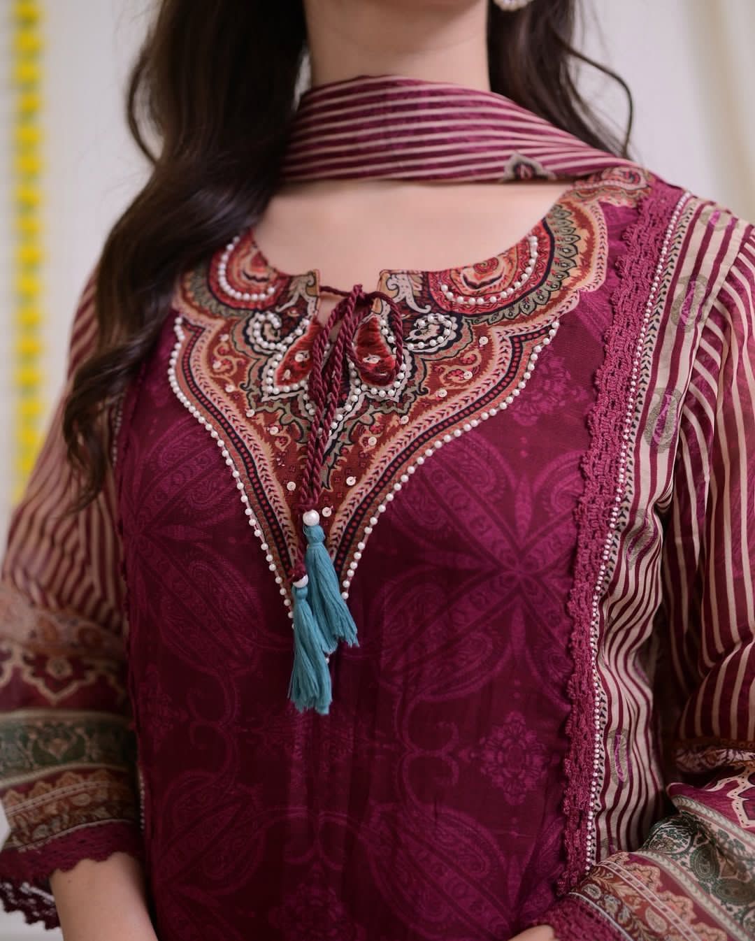 Wine Premium Muslin Kurti, Pant and Dupatta set