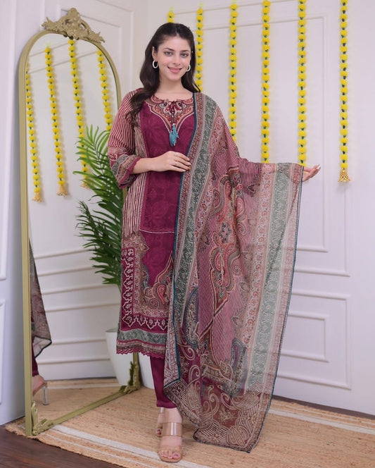 Wine Premium Muslin Kurti, Pant and Dupatta set