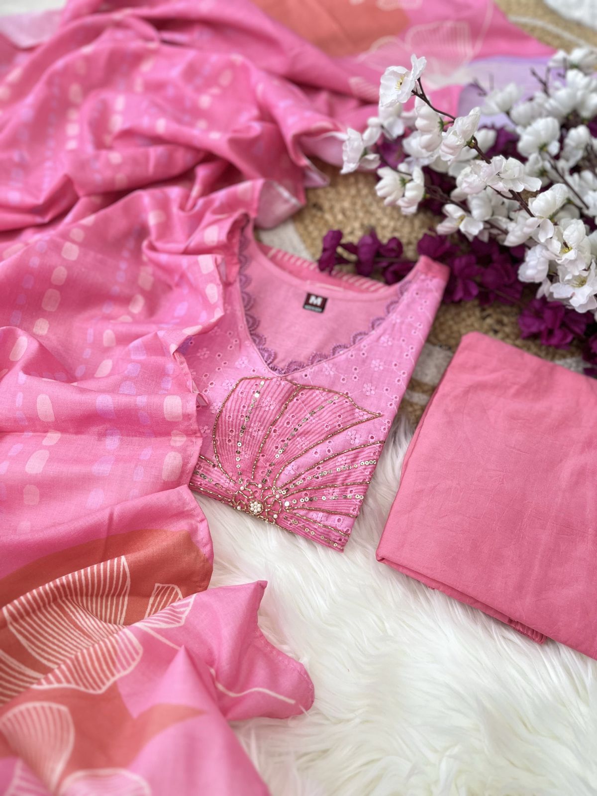 Pink Premium Muslin Kurti, Pant and Dupatta set with Schifili