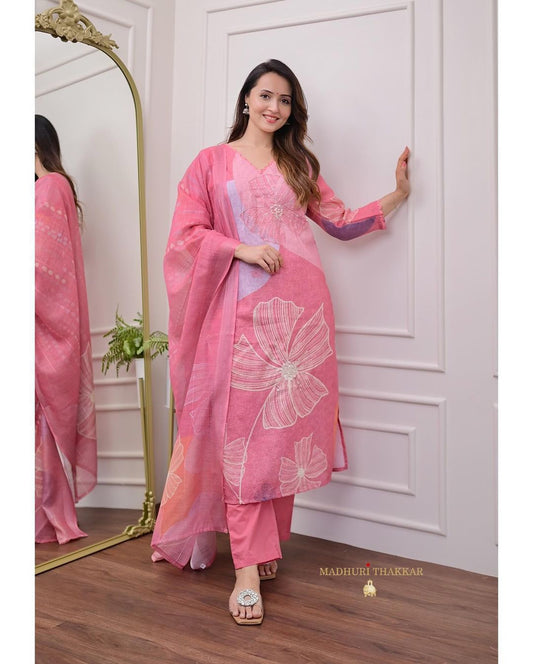 Pink Premium Muslin Kurti, Pant and Dupatta set with Schifili